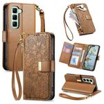 For Infinix Hot 50 Pro+ Flowers Leaves Zipper Wallet Leather Phone Case with Strap(Brown)