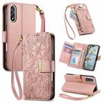 For OnePlus Nord 5 Flowers Leaves Zipper Wallet Leather Phone Case with Strap(Pink)