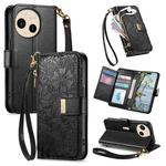 For Sharp Aquos Sense9 Flowers Leaves Zipper Wallet Leather Phone Case with Strap(Black)