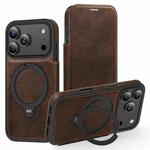 For iPhone 17 Pro Knight Shield 360 Rotation Holder MagSafe RFID Leather Phone Case(Coffee)