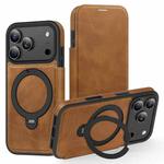 For iPhone 17 Pro Knight Shield 360 Rotation Holder MagSafe RFID Leather Phone Case(Brown)