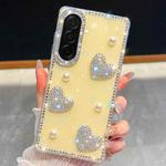 For Samsung Galaxy A36 5G Diamond Glitter Pearl Heart Four-Corner Shockproof Phone Case(Light Yellow)