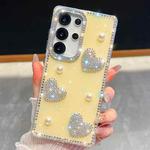 For Samsung Galaxy S23 Ultra 5G Diamond Glitter Pearl Heart Four-Corner Shockproof Phone Case(Light Yellow)