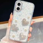 For iPhone 16 Plus Diamond Glitter Pearl Heart Four-Corner Shockproof Phone Case(Transparent Stars)