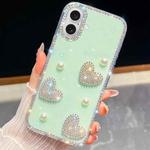For iPhone 16 Diamond Glitter Pearl Heart Four-Corner Shockproof Phone Case(Light Green)