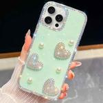 For iPhone 15 Pro Max Diamond Glitter Pearl Heart Four-Corner Shockproof Phone Case(Light Green)