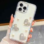 For iPhone 15 Pro Max Diamond Glitter Pearl Heart Four-Corner Shockproof Phone Case(White)