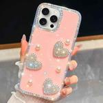 For iPhone 15 Pro Diamond Glitter Pearl Heart Four-Corner Shockproof Phone Case(Light Pink)