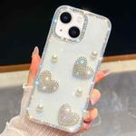 For iPhone 15 Diamond Glitter Pearl Heart Four-Corner Shockproof Phone Case(Transparent)