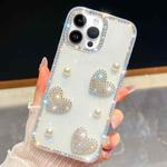 For iPhone 14 Pro Diamond Glitter Pearl Heart Four-Corner Shockproof Phone Case(Transparent)