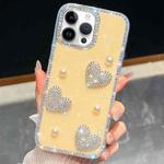 For iPhone 13 Pro Diamond Glitter Pearl Heart Four-Corner Shockproof Phone Case(Light Yellow)