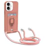 For iPhone 17 Sliding Camshield Magnetic Card Holder Silicone Phone Case with Lanyard(Pink)