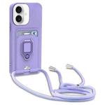 For iPhone 17 Sliding Camshield Magnetic Card Holder Silicone Phone Case with Lanyard(Light Purple)