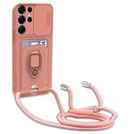 For Samsung Galaxy S25 Ultra 5G Sliding Camshield Magnetic Card Holder Silicone Phone Case with Lanyard(Pink)
