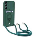 For Samsung Galaxy A15 5G Sliding Camshield Magnetic Card Holder Silicone Phone Case with Lanyard(Dark Night Green)