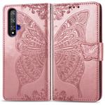 Butterfly Love Flowers Embossing Horizontal Flip Leather Case For Huawei Honor 20 with Holder & Card Slots & Wallet & Lanyard(Rose gold)