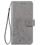 For iPhone 11 Pro Max Four-leaf Clasp Embossed Buckle Mobile Phone Protection Leather Case with Lanyard & Card Slot & Wallet & Bracket Function (Gray)
