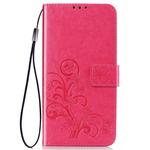 For iPhone 11 Four-leaf Clasp Embossed Buckle Mobile Phone Protection Leather Case with Lanyard & Card Slot & Wallet & Bracket Function (Magenta)