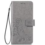 For iPhone 11 Four-leaf Clasp Embossed Buckle Mobile Phone Protection Leather Case with Lanyard & Card Slot & Wallet & Bracket Function (Gray)