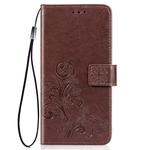 For iPhone 11 Four-leaf Clasp Embossed Buckle Mobile Phone Protection Leather Case with Lanyard & Card Slot & Wallet & Bracket Function (Brown)