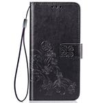 For iPhone 11 Pro Four-leaf Clasp Embossed Buckle Mobile Phone Protection Leather Casewith Lanyard & Card Slot & Wallet & Bracket Function (Black)