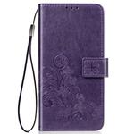 For iPhone 11 Pro Four-leaf Clasp Embossed Buckle Mobile Phone Protection Leather Casewith Lanyard & Card Slot & Wallet & Bracket Function (Purple)