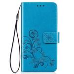 For iPhone 11 Pro Four-leaf Clasp Embossed Buckle Mobile Phone Protection Leather Casewith Lanyard & Card Slot & Wallet & Bracket Function (Blue)