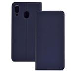 Electric Pressed Plain Texture Ultra-thin Magnetic Suction TPU + PU Leather Case with Holder & Card Slot for Galaxy M20(Blue)