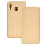 Electric Pressed Plain Texture Ultra-thin Magnetic Suction TPU + PU Leather Case with Holder & Card Slot for Galaxy M20(Gold)