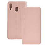 Electric Pressed Plain Texture Ultra-thin Magnetic Suction TPU + PU Leather Case with Holder & Card Slot for Galaxy M20(Rose gold)
