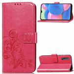 For Galaxy A30S Four-leaf Clasp Embossed Buckle Mobile Phone Protection Leather Case with Lanyard & Card Slot & Wallet & Bracket Function(Magenta)