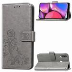 For Galaxy A20S Four-leaf Clasp Embossed Buckle Mobile Phone Protection Leather Case with Lanyard & Card Slot & Wallet & Bracket Function(Gray)
