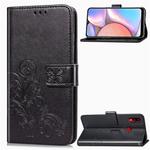 For Galaxy A10s Four-leaf Clasp Embossed Buckle Mobile Phone Protection Leather Case with Lanyard & Card Slot & Wallet & Bracket Function(Black)