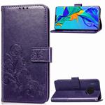 For Huawei Mate 30 Pro Four-leaf Clasp Embossed Buckle Mobile Phone Protection Leather Case with Lanyard & Card Slot & Wallet & Bracket Function(Purple)
