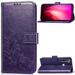 For Xiaomi Redmi Note 8  Four-leaf Clasp Embossed Buckle Mobile Phone Protection Leather Case with Lanyard & Card Slot & Wallet & Bracket Function(Purple)