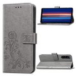 For Sony Xperia 5 Four-leaf Clasp Embossed Buckle Mobile Phone Protection Leather Case with Lanyard & Card Slot & Wallet & Bracket Function(Gray)