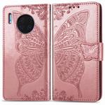 For Huawei Mate 30 Pro Butterfly Love Flower Embossed Horizontal Flip Leather Case with Bracket / Card Slot / Wallet / Lanyard(Rose gold)