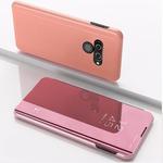 For LG K50 Plating Mirror Left and Right Flip Cover with Bracket Holster(Rose gold)