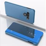 For LG K50 Plating Mirror Left and Right Flip Cover with Bracket Holster(Blue)