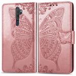 For OPPO A5 (2020) / A9 (2020) Butterfly Love Flower Embossed Horizontal Flip Leather Case with Bracket Lanyard Card Slot Wallet(Rose Gold)