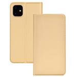 For iPhone 11 Ultra-thin Voltage Plain Magnetic Suction Card TPU+PU Mobile Phone Jacket with Chuck and Bracket(Gold)