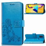 For Galaxy M30   Four-leaf Clasp Embossed Buckle Mobile Phone Protection Leather Case with Lanyard & Card Slot & Wallet & Bracket Function(Blue)