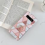 For Galaxy S10 Plus  Plating Colorful Geometric Pattern Mosaic Marble TPU Mobile Phone Case Rhinestone Stand Ring(Pink PR1)