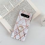 For Galaxy S10  Plating Colorful Geometric Pattern Mosaic Marble TPU Mobile Phone Case Rhinestone Stand Ring(White PR3)