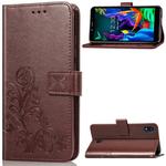 For LG K20 2019  Four-leaf Clasp Embossed Buckle Mobile Phone Protection Leather Case with Lanyard & Card Slot & Wallet & Bracket Function(Brown)