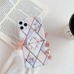 For iPhone 11 Pro Plating Colorful Geometric Pattern Mosaic Marble TPU Mobile Phone Casewith Folding Bracket(White PF3)