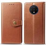 For One Plus 7T  Retro Solid Color Leather Buckle Mobile Phone Protection Leather Case with Photo Frame & Card Slot & Wallet & Bracket Function(Brown)