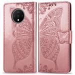 For One Plus 7T  Butterfly Love Flower Embossed Horizontal Flip Leather Case with Bracket Lanyard Card Slot Wallet(Rose Gold)