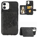 For iPhone 11    Mandala Embossed Cloth Card Case Mobile Phone Case with Magnetic and Bracket Function with Card Bag / Wallet / Photo Frame Function with Hand Strap(Black)