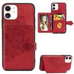 For iPhone 11    Mandala Embossed Cloth Card Case Mobile Phone Case with Magnetic and Bracket Function with Card Bag / Wallet / Photo Frame Function with Hand Strap(Red)